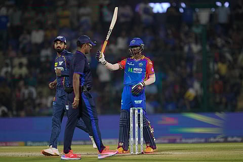 Abishek Porel plays celebrates his fifty runs